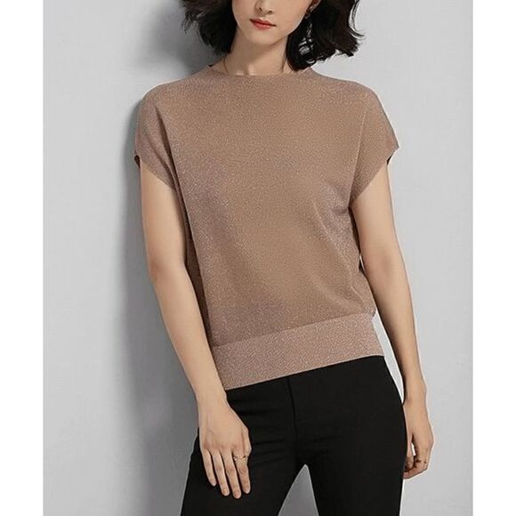 Tops - Khaki Metallic Cap-Sleeve Top S #1904-D3